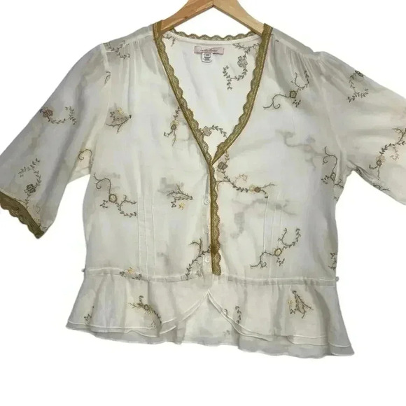 Feminine Light Cotton Deep V Short Sleeve Embroidered Button Closure Scalloped - Picture 10 of 15